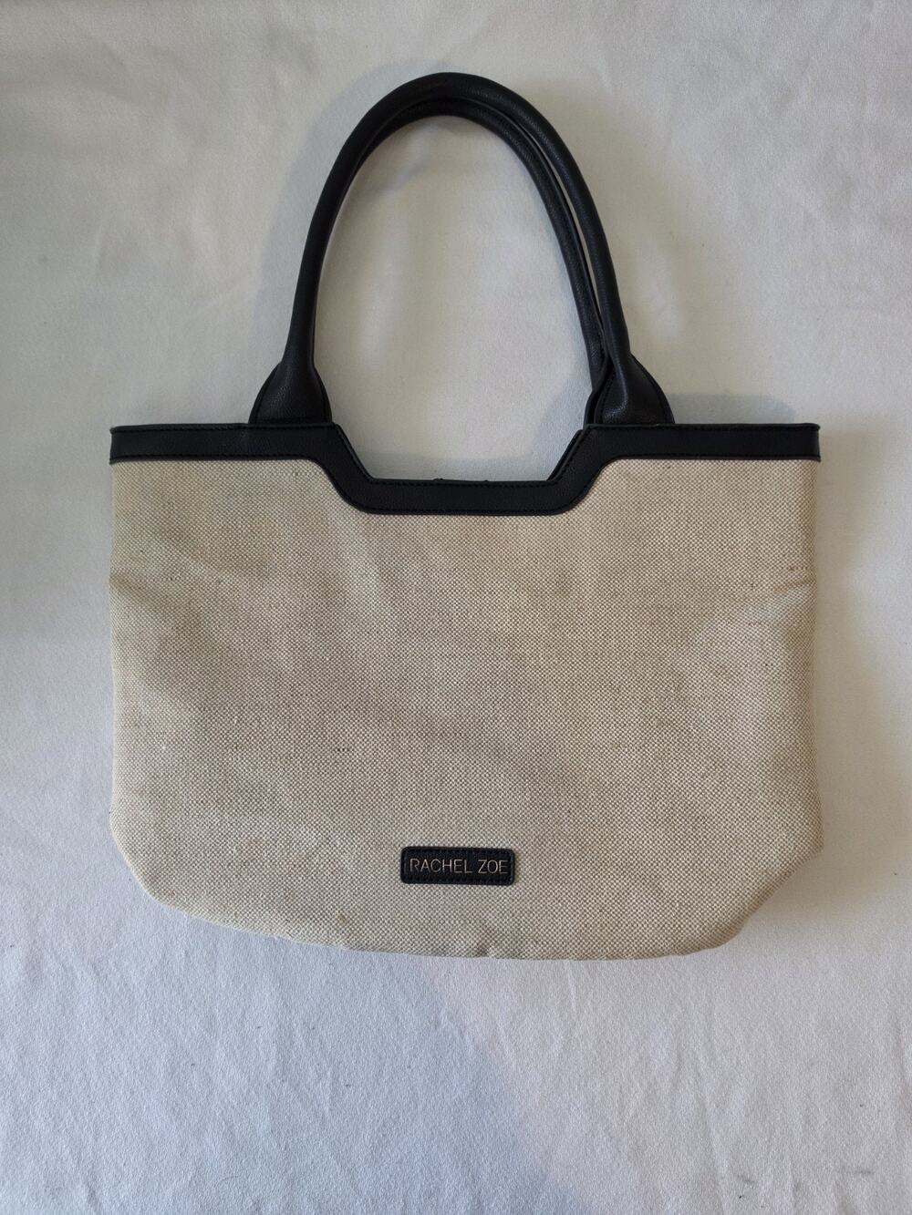 Rachel Zoe Capri Canvas Tote Bag Beige Black Linen Vegan Leather Shoulder Purse